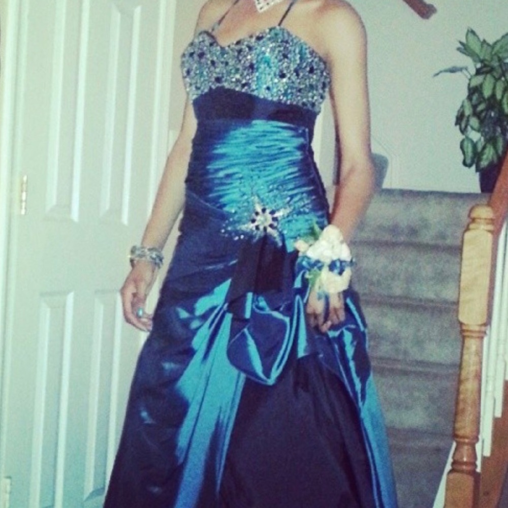 Turquoise and Black Beaded Prom Dress